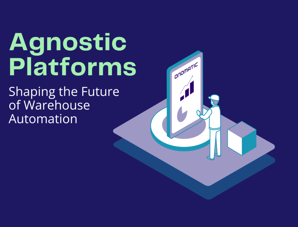 Animated warehouse employee using touchscreen device to interact with software