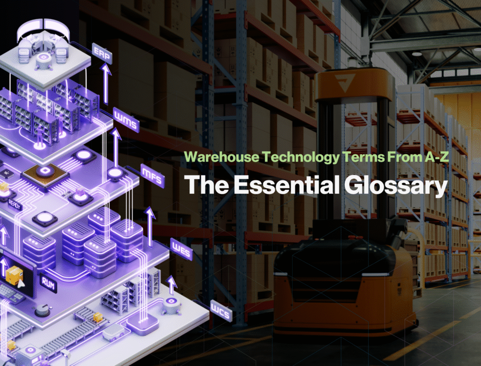 Graphic showing title "Warehouse Technology Terms A-Z" with automated forklift in background and warehouse technology stack pyramid in foreground